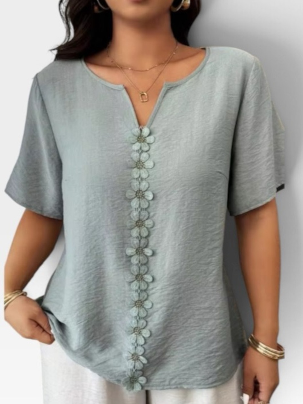 Sage Green Floral Trim Blouse XL
